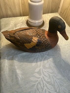 Hand-Carved Brown & Black Wooden Duck Figurine with Gold Accents